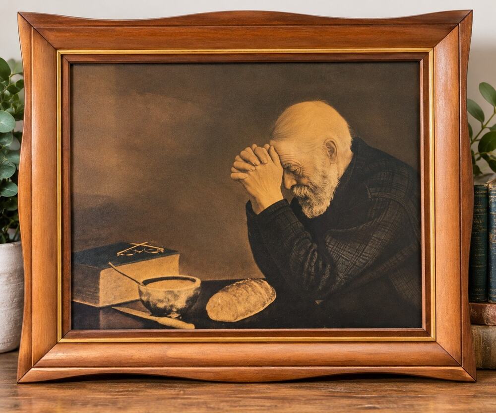 Vintage Eric Enstrom Grace Framed Print on Board 20x24 Praying Man Religious Art